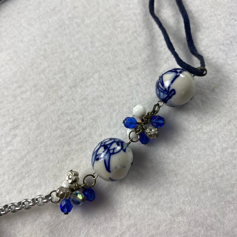 Elegant Blue & White Porcelain Chinoiserie Beaded Tassel Necklace Suede Cord 18”